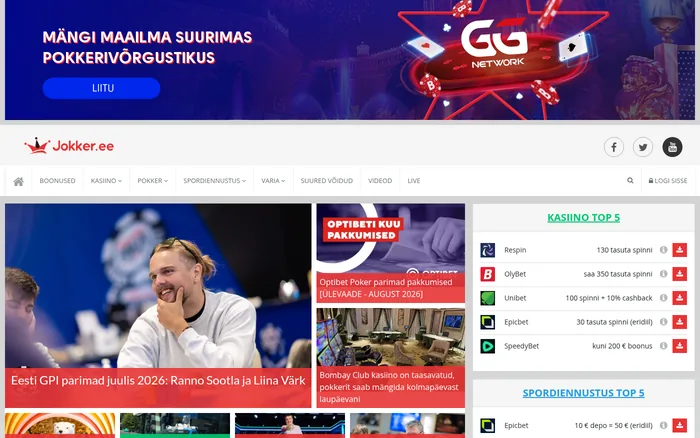 Kuvatõmmis jokker.ee lehest — pokkeri- ja spordiuudiste portaal