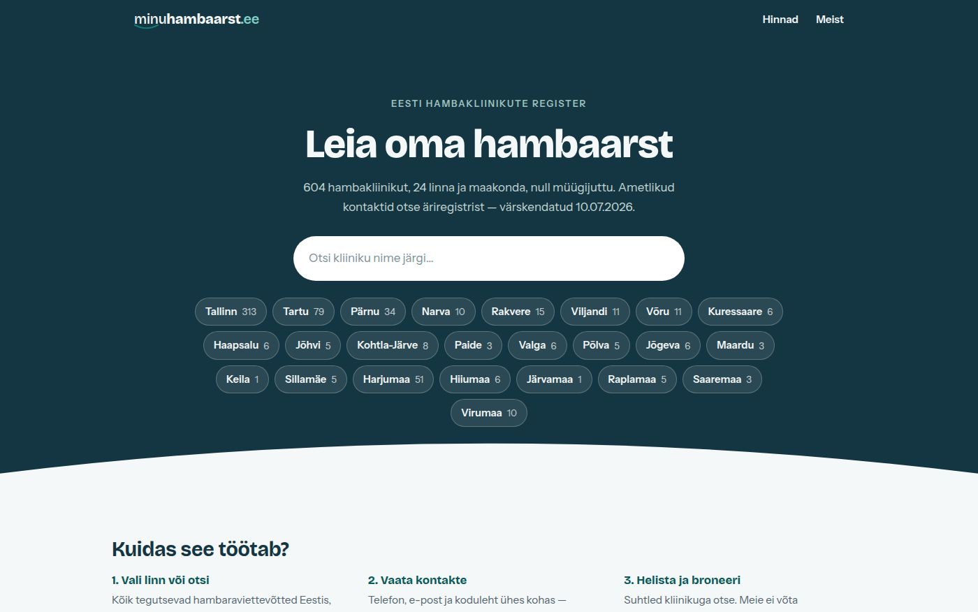 Kuvatõmmis minuhambaarst.ee lehest — hambakliinikute register